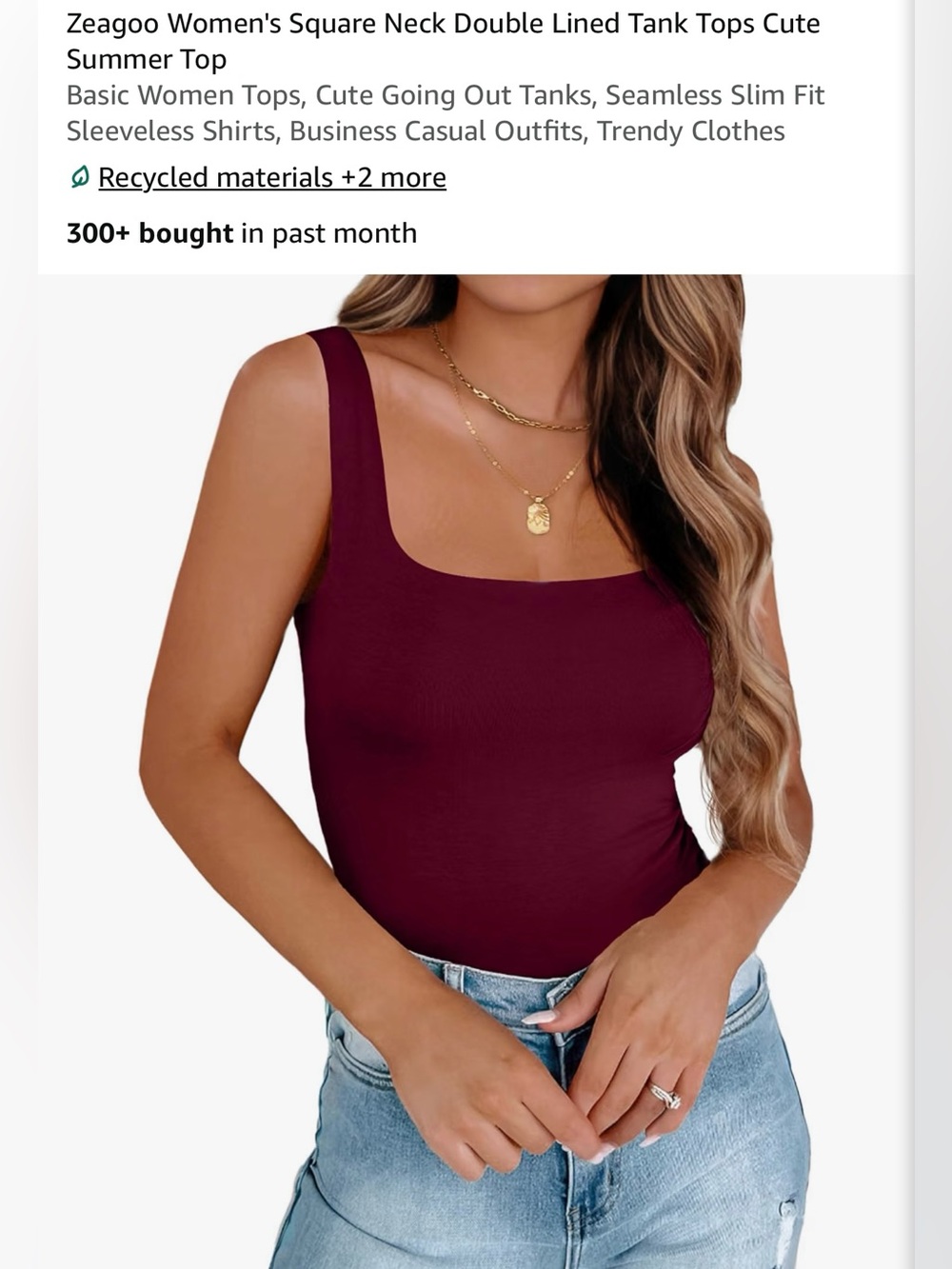 NWT Zeagoo Women’s Square Neck double lined Tank Top — Burgundy